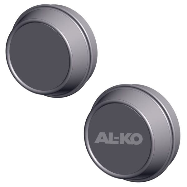 Image of AL-KO's 56mm grease caps. Blank & with AL-KO logo.
